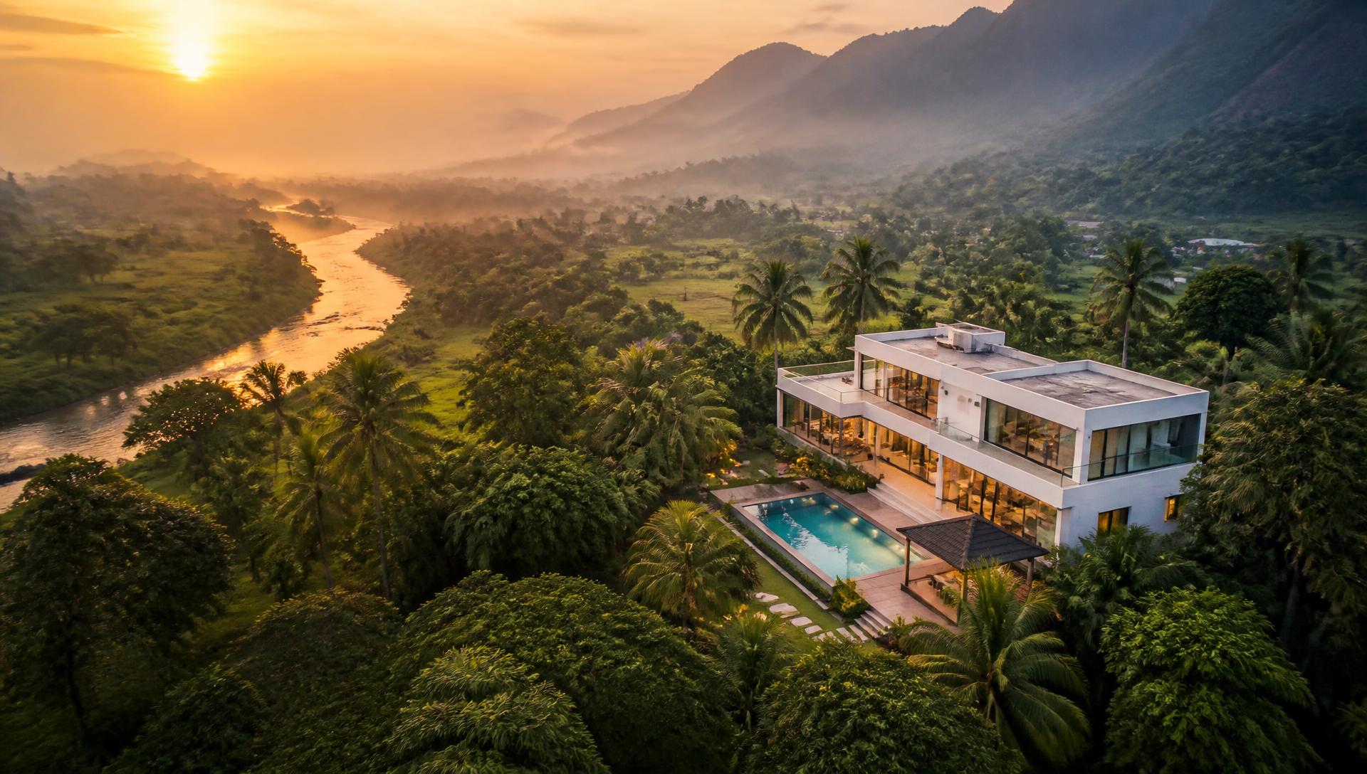Aerial view of a luxury villa in the green Karjat valley at sunrise